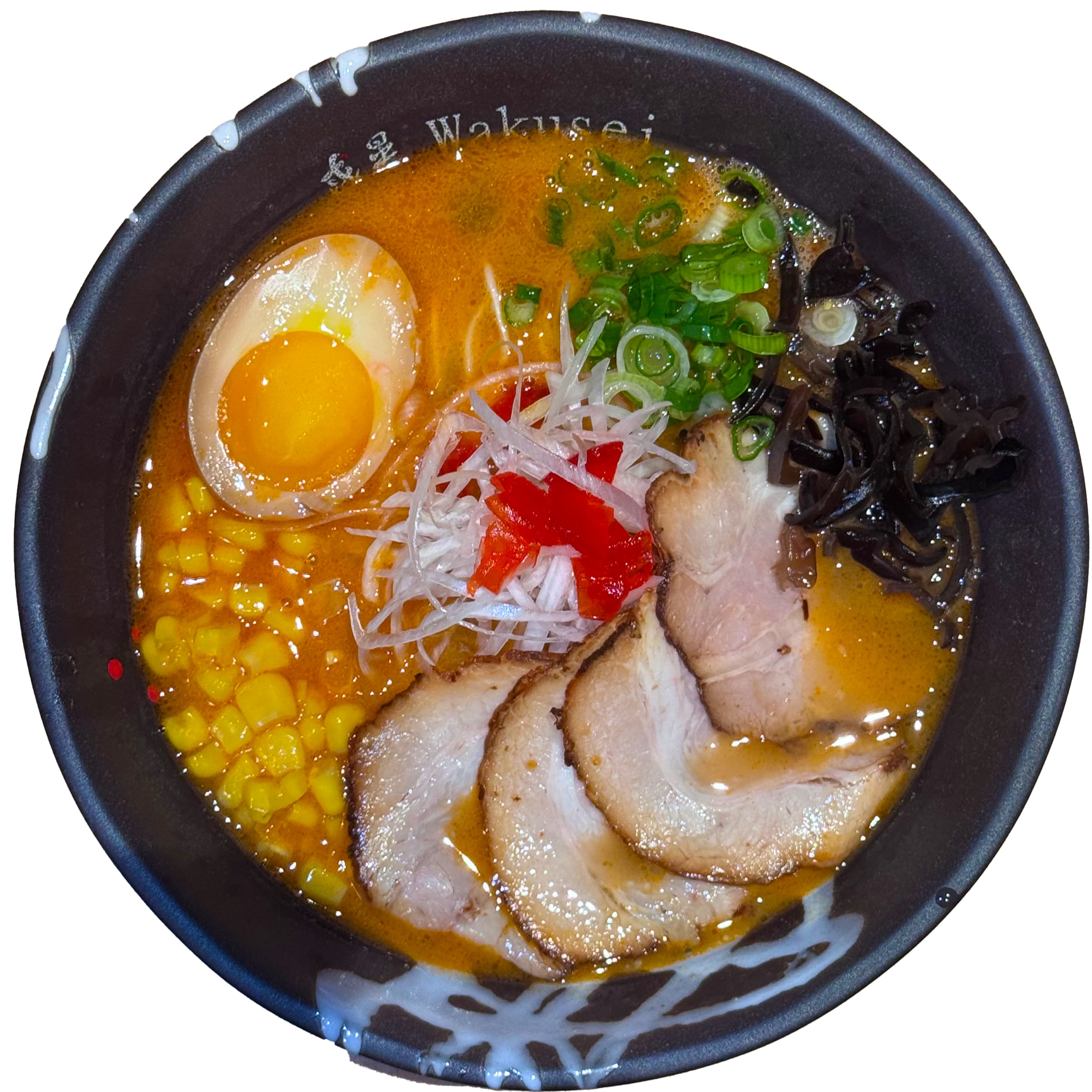 Mars spicy chili-garlic ramen at Ramen Wakusei in Sunnyvale — fiery red broth with pork chashu, corn and house chili sauce