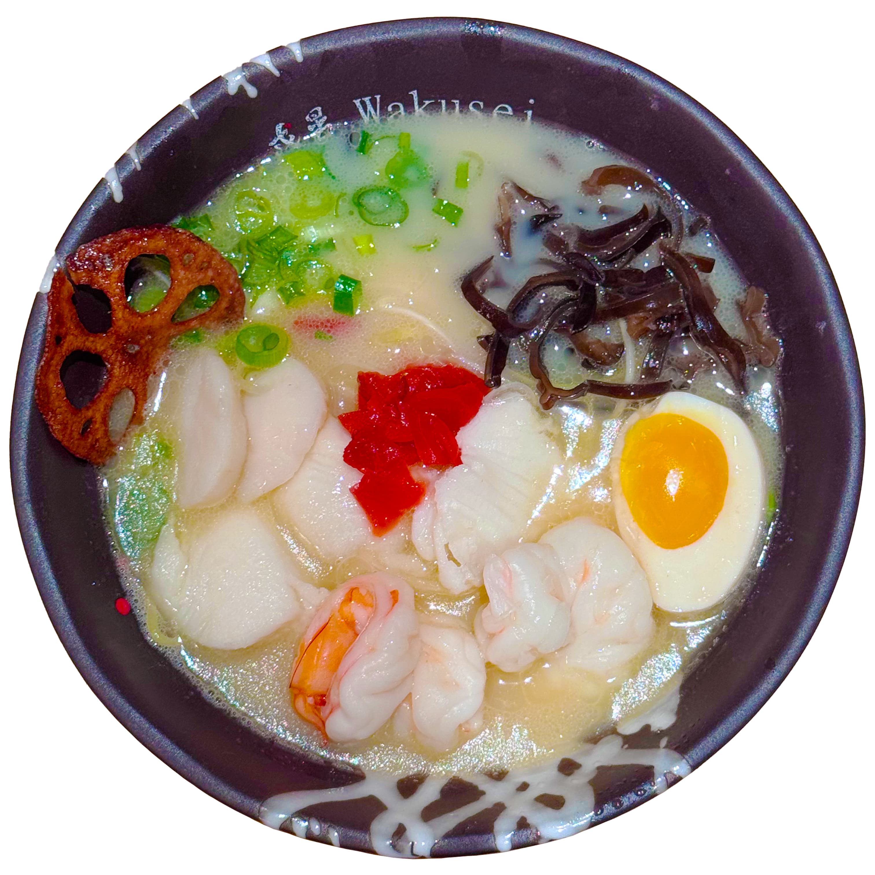 Neptune seafood ramen at Ramen Wakusei in Sunnyvale — jumbo shrimp, sea bass and scallops in rich pork-bone broth